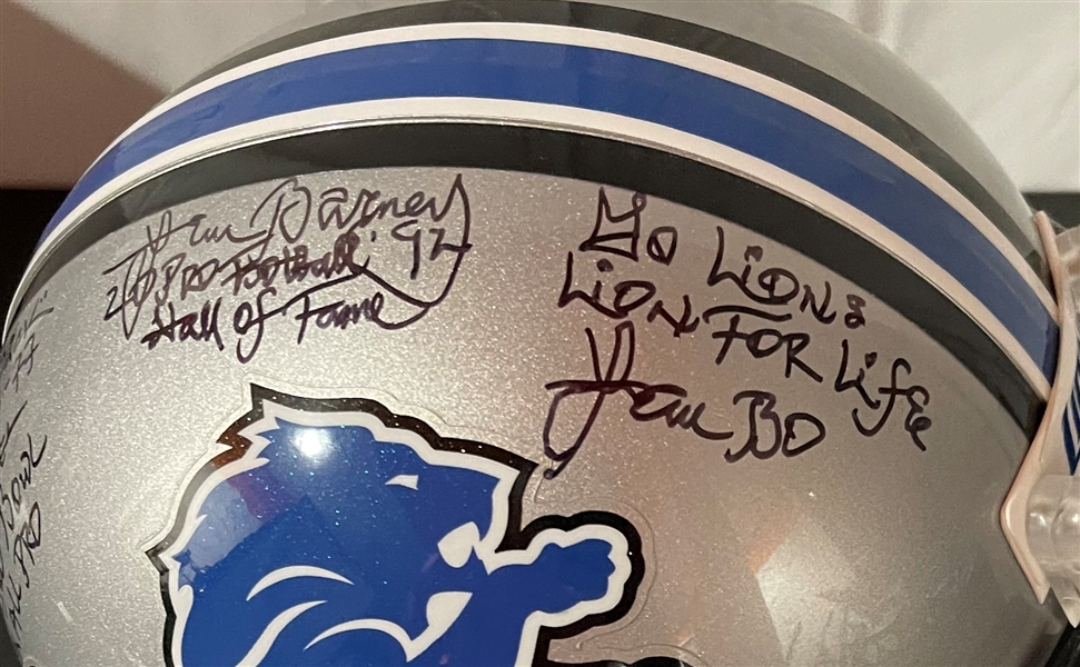 Lem Barney Signed & Stat Inscribed Lions Replica Helmet (JSA Witnessed)