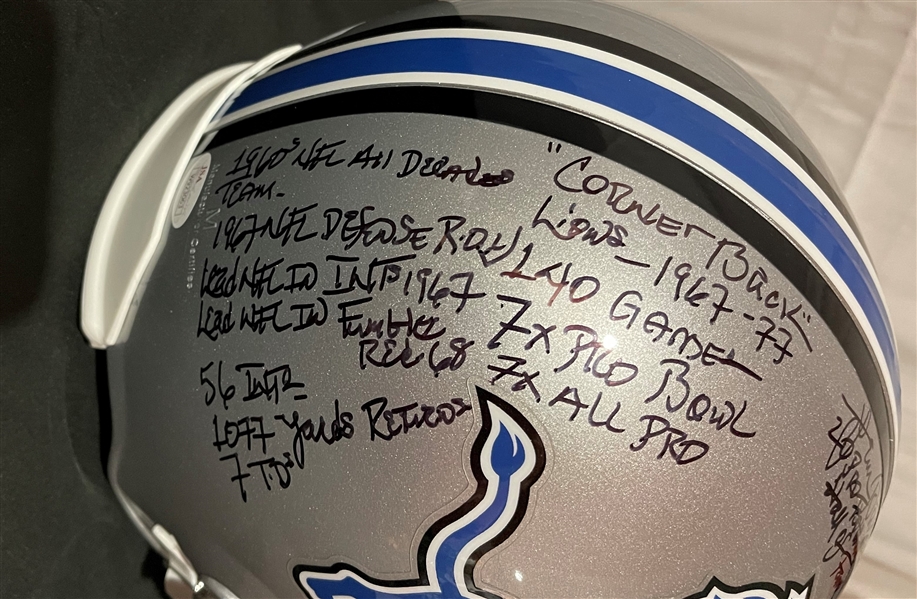 Lem Barney Signed & Stat Inscribed Lions Replica Helmet (JSA Witnessed)