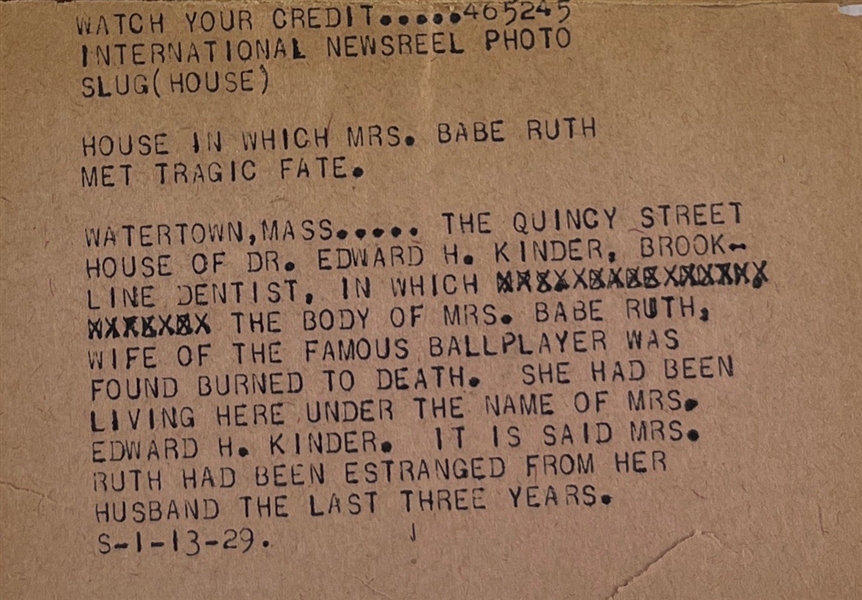 Vintage International Newsreel Photo of the house that Mrs. Babe Ruth met her fate
