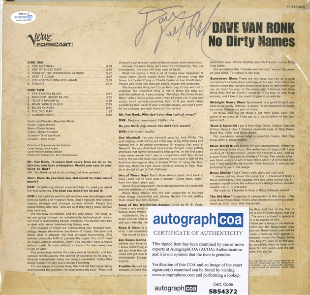 David Van Ronk Signed No Dirty Names Album Cover (ACOA)