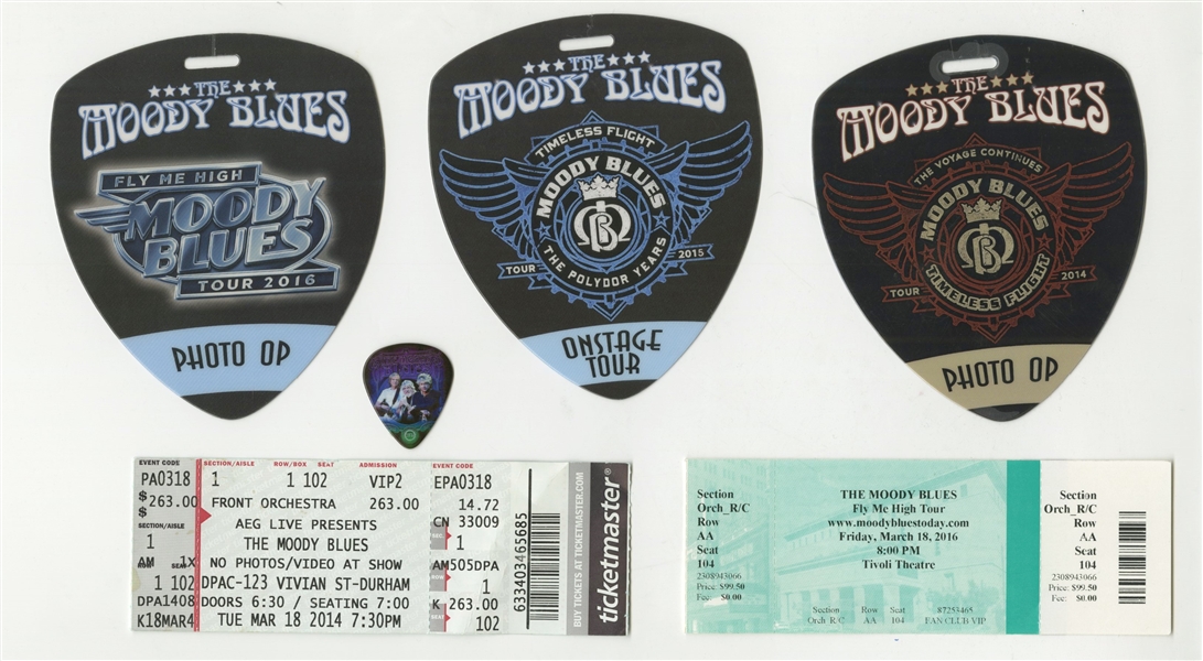 Moody Blues: Hayward, Edge, and Lodge Lot of 2 Signed 8 x 10 Photos w/ Concert Memorabilia (ACOA)