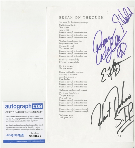 Stone Temple Pilots: Group Signed Break on Through Lyric Page (ACOA)
