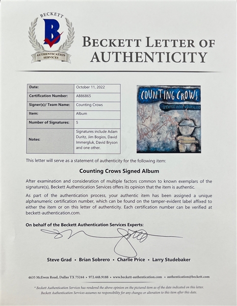 Counting Crows: Group Signed Somewhere Under Wonderland Album Cover (5 Sigs)(Beckett/BAS) 