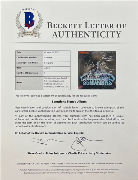 Scorpions: Group Signed Lovedrive Album Cover (5 Sigs)(Beckett/BAS)
