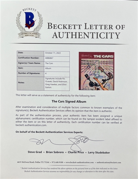 The Cars: Group Signed Heartbeat City Album Cover (4 Sigs)(Beckett/BAS)