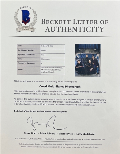 Creed: Group Signed 8 x 10 Color Photo (Beckett/BAS)