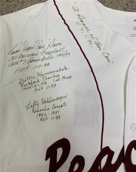RARE Rockford Peaches AAGPBL Multi-Signed A League of Their Own Baseball Jersey (5 Sigs)(Third Party Guaranteed)