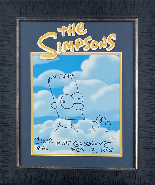 Matt Groening Signed Photo w/ Bart Sketch in Custom Display (JSA LOA)