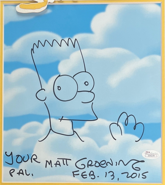 Matt Groening Signed Photo w/ Bart Sketch in Custom Display (JSA LOA)