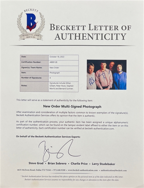 New Order: Group Signed 8 x 10 Color Photograph (4 Sigs)(Beckett/BAS)