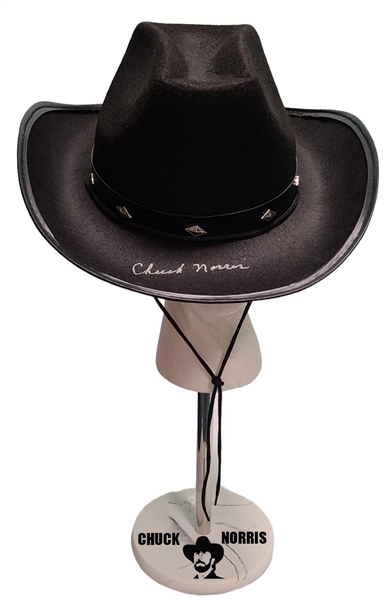 Chuck Norris Autographed Cowboy Hat w/ Custom Display Stand (JSA COA)