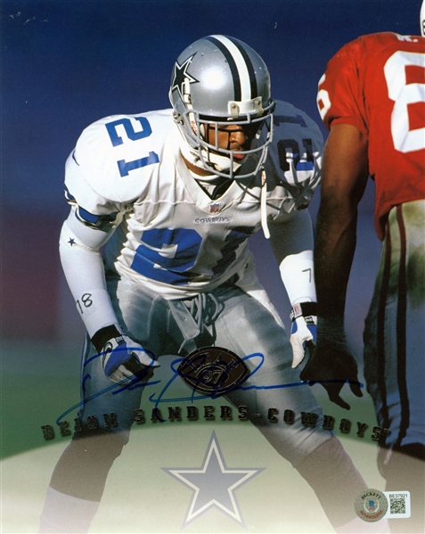 Deion Sanders Signed 1997 8" x 10" LEAF Blow Up Photo (Beckett/BAS)