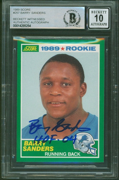 Barry Sanders Signed HOF 04 1989 Score Rookie Card with GEM MINT 10 Autograph! (Beckett/BAS Encapsulated)