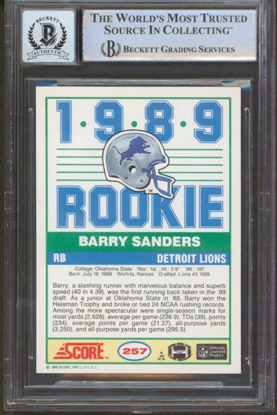 Barry Sanders Signed HOF 04 1989 Score Rookie Card with GEM MINT 10 Autograph! (Beckett/BAS Encapsulated)