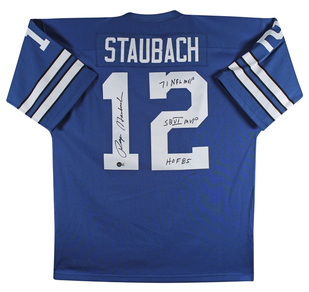 Roger Staubach Signed 1971 Mitchell & Ness Cowboys Throwback Jersey with 3 Inscriptions (Beckett/BAS Witnessed)