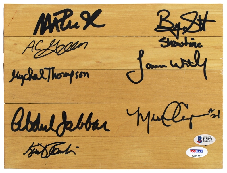 Showtime Lakers (8) Signed 8 x 10 Forum Floorboard Piece - Magic, Kareem +6 (PSA/DNA & BAS/Beckett)
