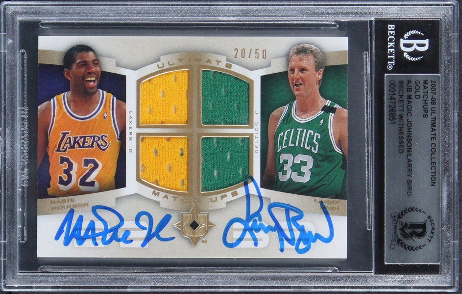 Magic Johnson & Larry Bird Dual Signed 2007-08 UD Ultimate Collection Patch Card (Beckett/BAS Encapsulated)