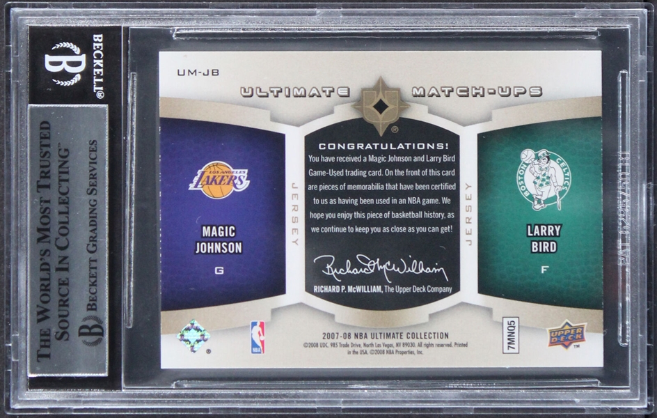 Magic Johnson & Larry Bird Dual Signed 2007-08 UD Ultimate Collection Patch Card (Beckett/BAS Encapsulated)