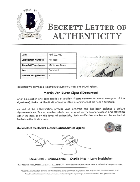 Martin Van Buren Signed Presidential Military Commission in Custom Framed Display (Beckett/BAS LOA)