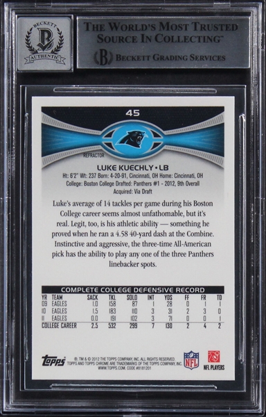 Luke Kuechly Signed 2012 Topps Chrome Xfractor Rookie Card with GEM MINT 10 Autograph (Beckett/BAS Encapsulated)