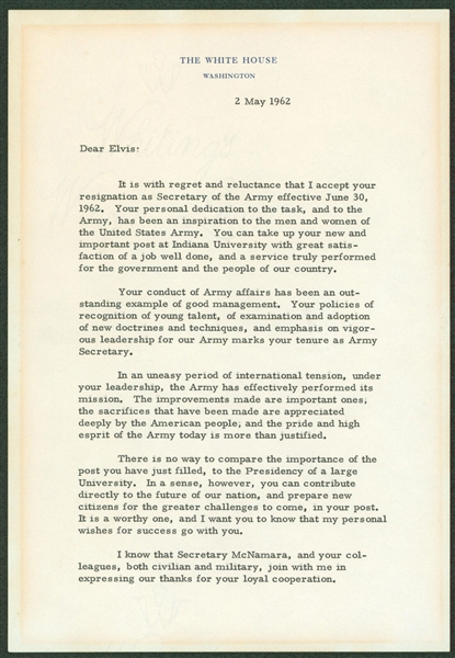 John F. Kennedy Signed White House Letter :: Accepting Resignation of The Secretary of Army! (Beckett/BAS LOA)