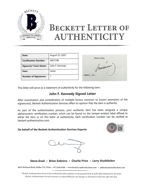 John F. Kennedy Signed White House Letter :: Accepting Resignation of The Secretary of Army! (Beckett/BAS LOA)