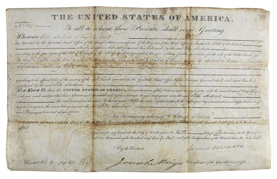 James Monroe Signed 1821 Presidential Land Grant (Beckett/BAS LOA)