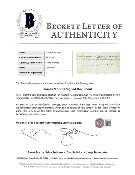 James Monroe Signed 1821 Presidential Land Grant (Beckett/BAS LOA)