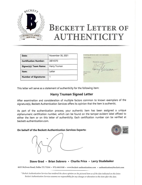 Harry Truman Signed 1948 White House Letter as President (Beckett/BAS LOA)