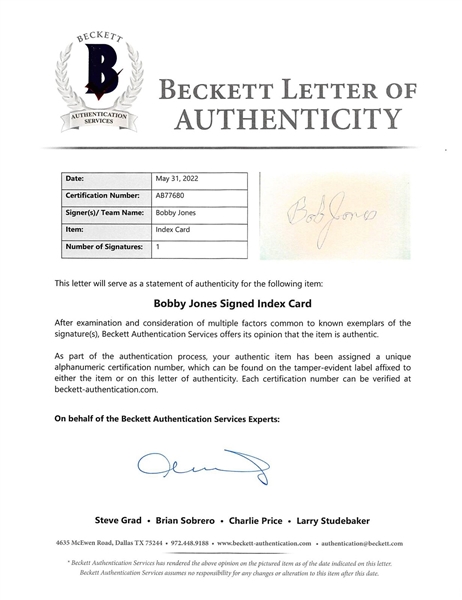 Bobby Jones Signed 3 x 5 Card in Custom Framed Display (Beckett/BAS LOA)