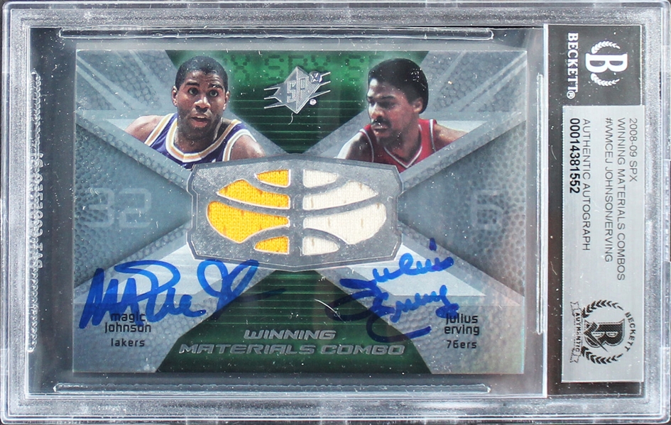 Magic Johnson & Julius Erving Signed 2008-09 UD SPX Game Used Swatch Card (Beckett/BAS Encapsulated)