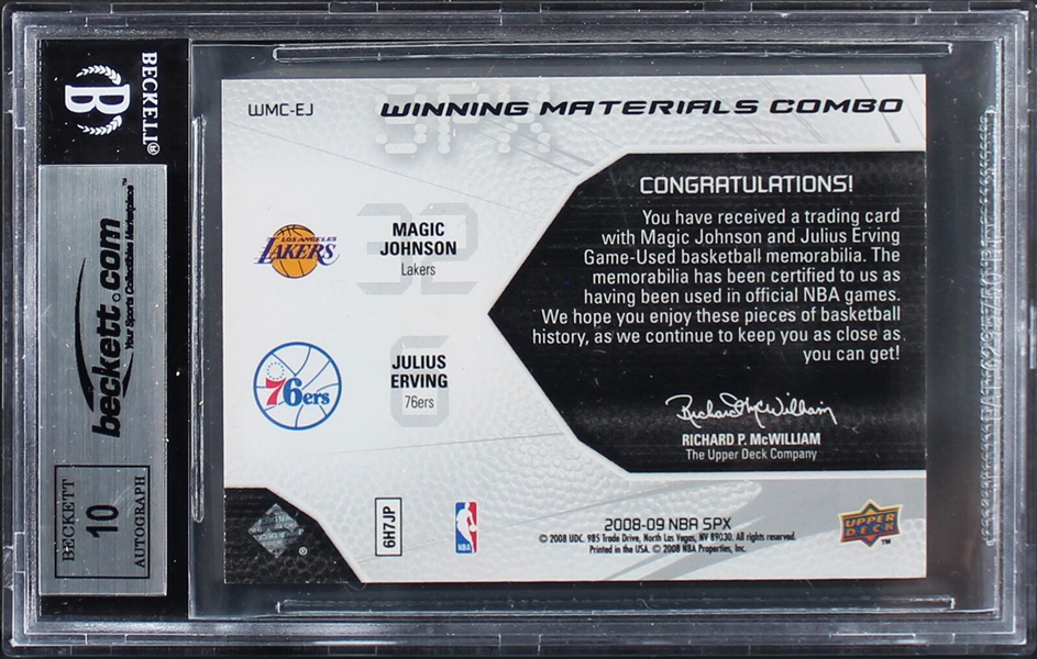 Magic Johnson & Julius Erving Signed 2008-09 UD SPX Game Used Swatch Card (Beckett/BAS Encapsulated)