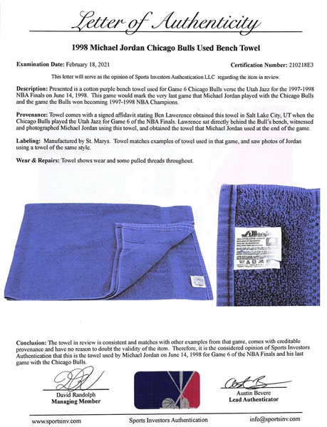 Michael Jordan Game Worn Towel from Historic Game 6 of 1998 NBA Finals - Jordan's Last Game with The Bulls! (Sports Investors LOA & Affidavit)