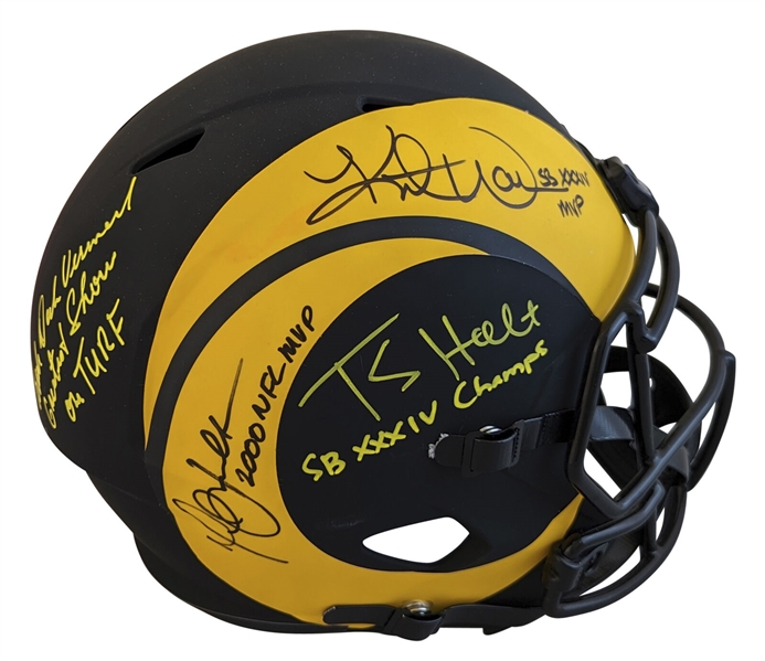 Rams SB Champs Signed Full Sized Replica Helmet with Warner, Vermeil, Holt & Faulk (Beckett/BAS Witnessed)