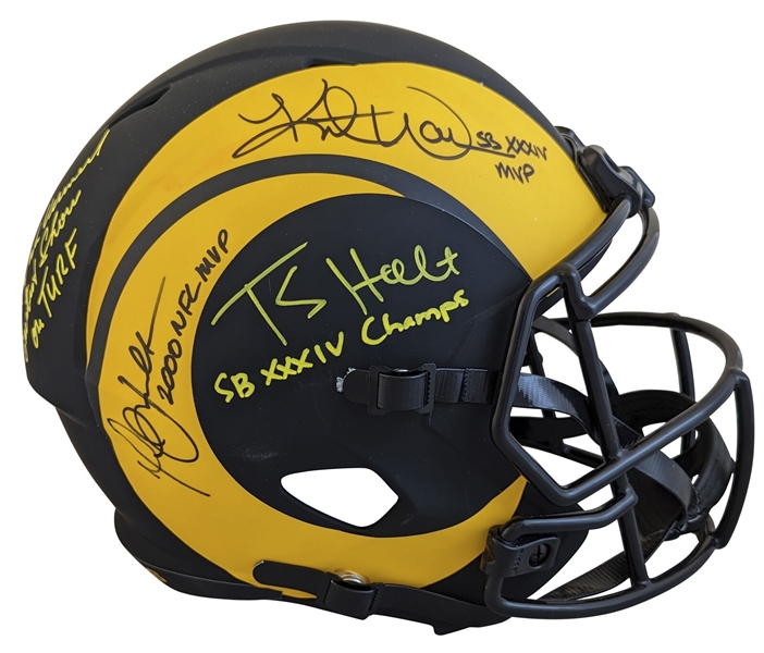 Rams SB Champs Signed Full Sized Replica Helmet with Warner, Vermeil, Holt & Faulk (Beckett/BAS Witnessed)
