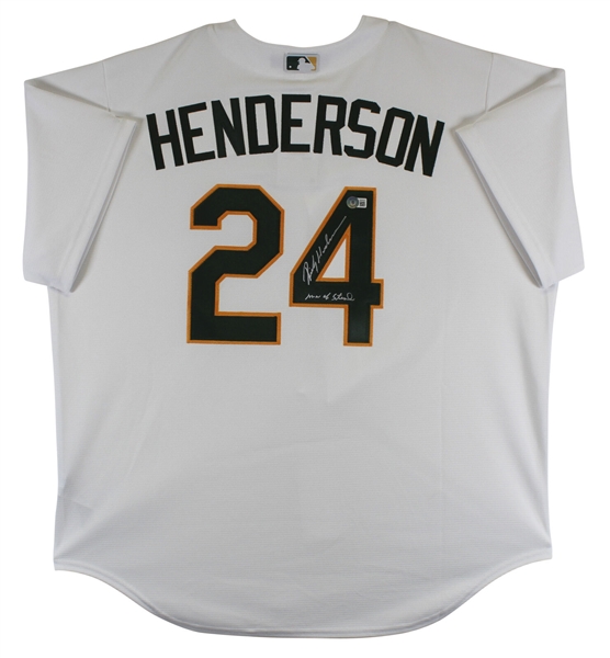 Rickey Henderson Signed Athletics Jersey with Man of Steal Inscription (Beckett/BAS Witnessed)