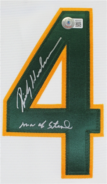 Rickey Henderson Signed Athletics Jersey with Man of Steal Inscription (Beckett/BAS Witnessed)