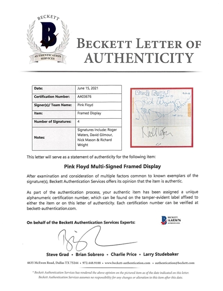 Pink Floyd Group Signed Cuts in Custom Framed Display (Beckett/BAS LOA)