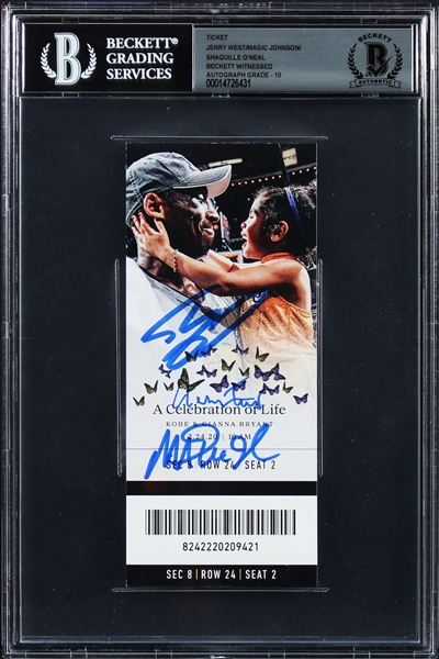 Kobe Bryant Memorial Ticket Signed by Shaquille O'Neal, Jerry West & Magic Johnson (Beckett/BAS Encapsulated)