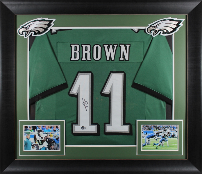 A.J. Brown Signed Eagles Jersey in Custom Framed Display (Beckett/BAS Witnessed)
