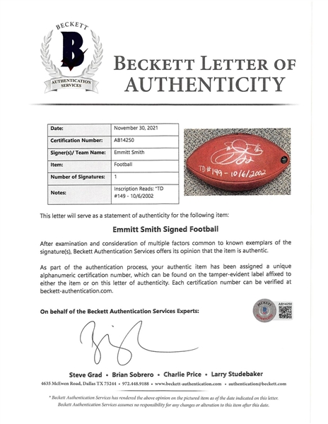Emmitt Smith Game Used & Signed Career Rushing TD #149 from 10-6-2002 :: Cowboys vs. Giants (Beckett/BAS & Prova)