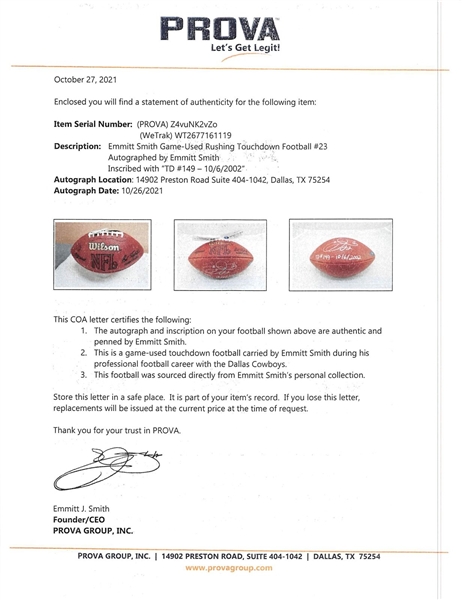 Emmitt Smith Game Used & Signed Career Rushing TD #149 from 10-6-2002 :: Cowboys vs. Giants (Beckett/BAS & Prova)
