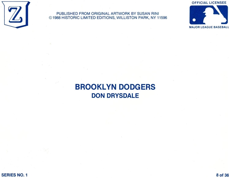 Don Drysdale Signed Ltd. Ed. Brooklyn Dodgers 8 x 10 Card Stock Photo (JSA)