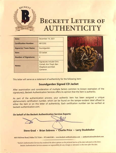 Soundgarden In-Person Group Signed Badmotorfinger CD (4 Sigs) (John Brennan Collection) (Beckett Authentication)