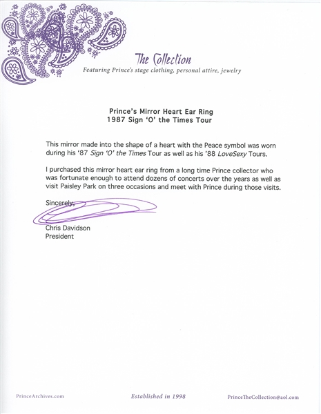 Prince’s Personally Owned & Worn 1988 “Sign of the Times” Mirror Heart Ear Ring (Henry Hakim LOA) 