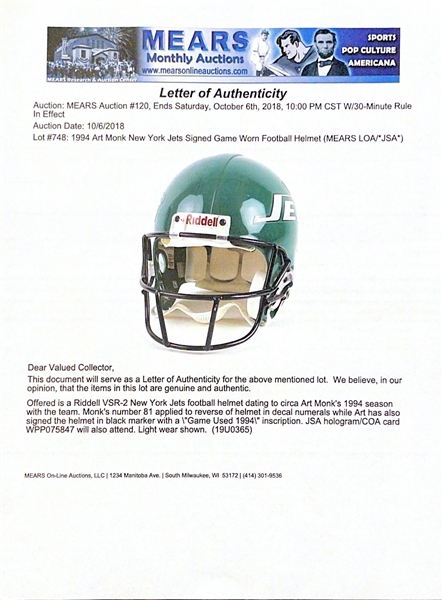 Art Monk’s Game-Used New York Jets Helmet (MEARS LOA) (JSA Authentication) 