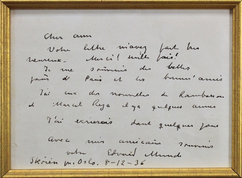 Edvard Munch Rare Handwritten & Signed Letter in Custom Framed Display (Beckett/BAS)