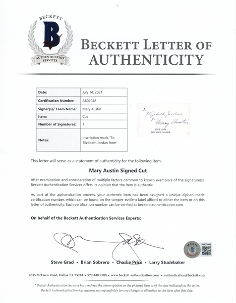 Mary Austin Signature (Beckett/BAS LOA) 