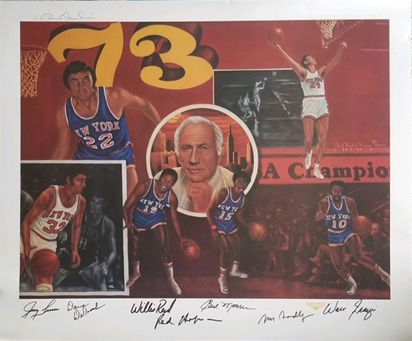 NY Knicks 1972-1973 Championship 29” x 24” Litho (6 Sigs) (Third Party Guaranteed) 