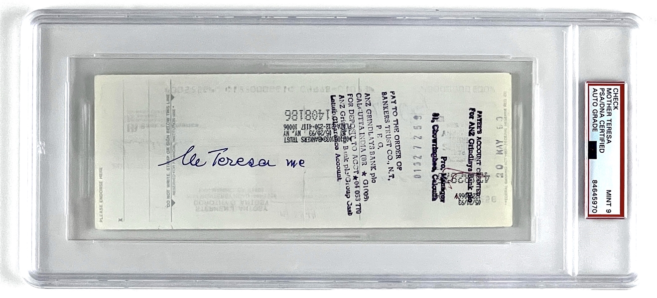 Mother Teresa 1993 Signed Endorsed Check (PSA Encapsulated & Graded MINT 9) 